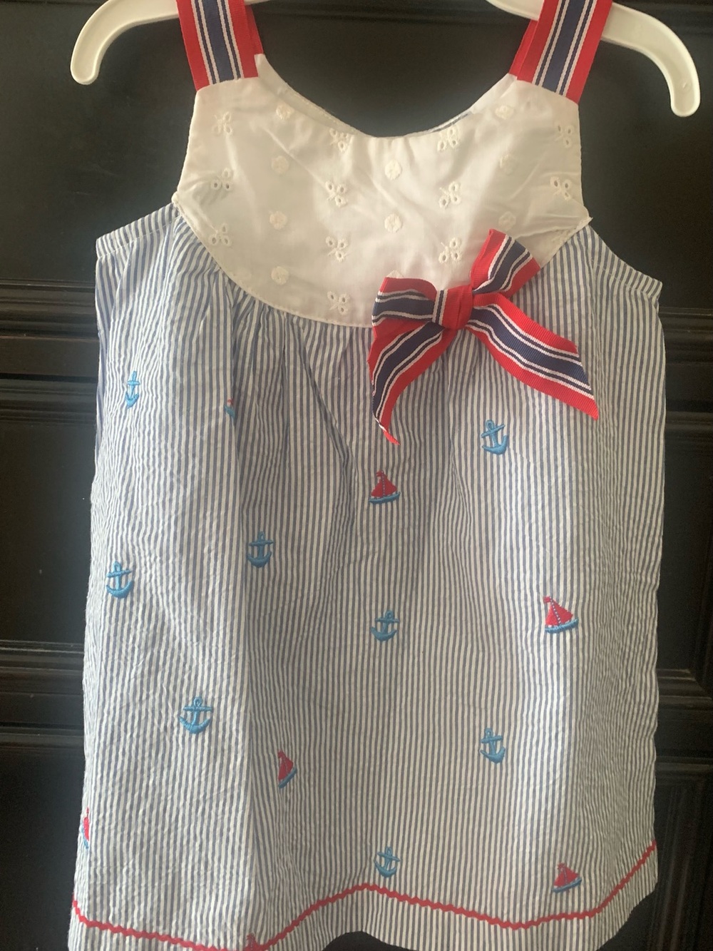 Girls' Navy & White Striped Sailboat Sundress with Red Bow